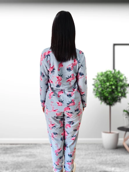 Flamingo Desenli Kadın Polar Peluş Pijama Takımı (Yeşil) - Resim 6