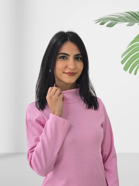 Boğazlı Düz Swaetshirt (Pembe) - 4