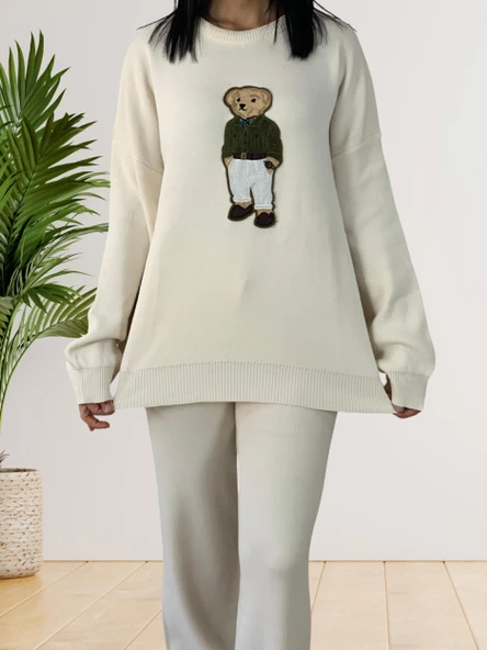 Kadın Uzun Kol Teddy Bear Bisiklet Yaka Triko Kazak Pantolon Takım (Krem) - Resim 3