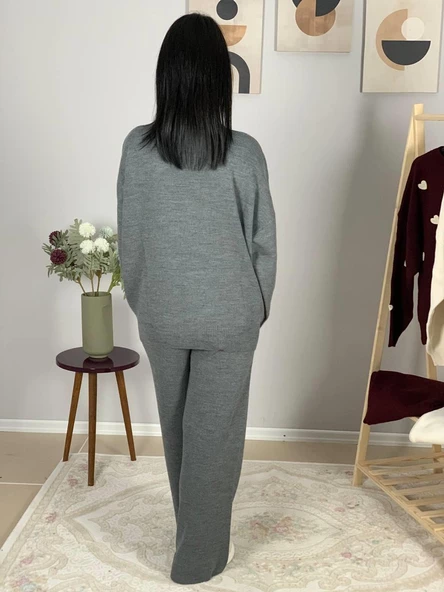 Kadın Uzun Kol Kalpli Bisiklet Yaka Triko Kazak Pantolon Takım (Gri) - Resim 7
