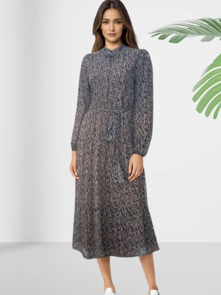 Şifon Astarlı Leopar Desenli Uzun Elbise - Resim 2