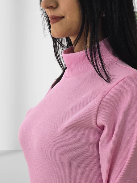 Boğazlı Düz Swaetshirt (Pembe) - 3