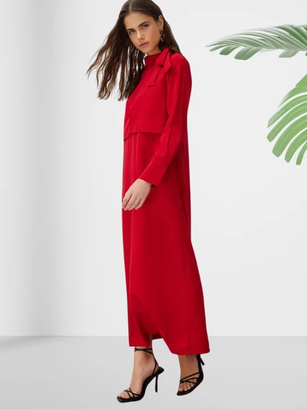 Dökümlü Şal Yaka Uzun Kırmızı Elbise - Resim 3
