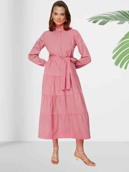 Dökümlü Sıfır Yaka Pembe Kloş Elbise - 4