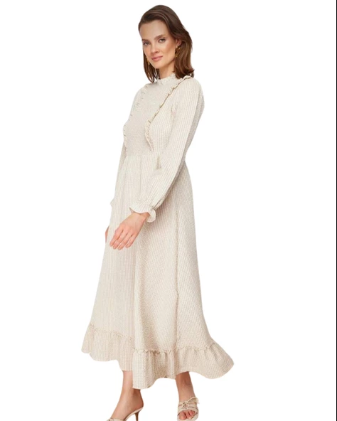 Volanlı Kareli Esnek Uzun Elbise ürün görseli