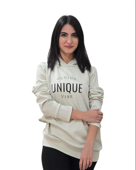 Unique Baskılı Kapüşonlu Swaetshirt (Krem)