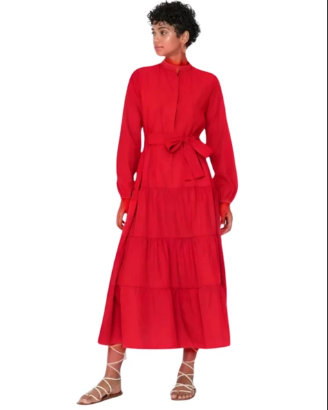 Dökümlü Sıfır Yaka Kırmızı Kloş Elbise ürün görseli