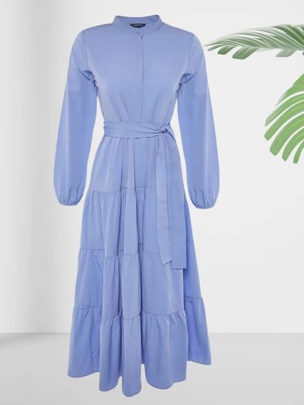 Dökümlü Sıfır Yaka Mavi Kloş Elbise - Resim 3