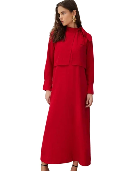 Dökümlü Şal Yaka Uzun Kırmızı Elbise ürün görseli