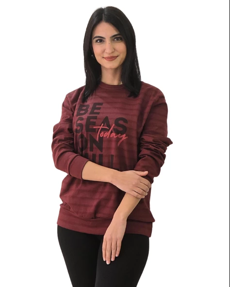 Be Season Baskılı Sıfır Yaka Sweatshirt (Mürdüm)