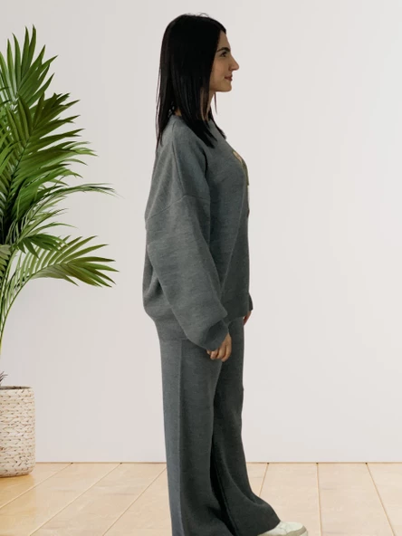 Kadın Uzun Kol Teddy Bear Bisiklet Yaka Triko Kazak Pantolon Takım (Gri) - Resim 4