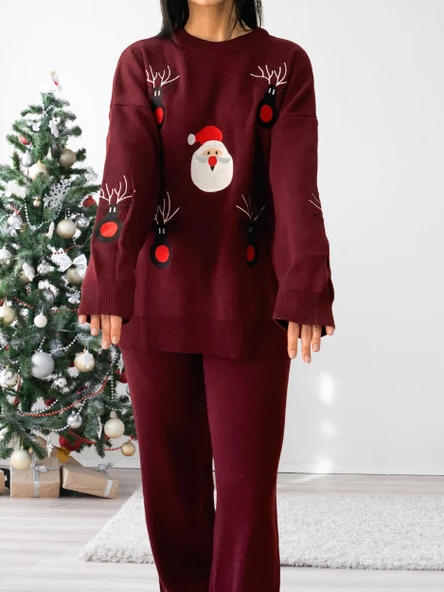 Kadın Uzun Kol Yeni Yıl Nakışlı Bisiklet Yaka Triko Kazak Pantolon Takım (Bordo) - 2