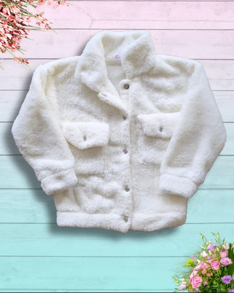 Düğmeli Dik Yaka Peluş Polar Baskılı Kız Çocuk Mont (Beyaz) - 2