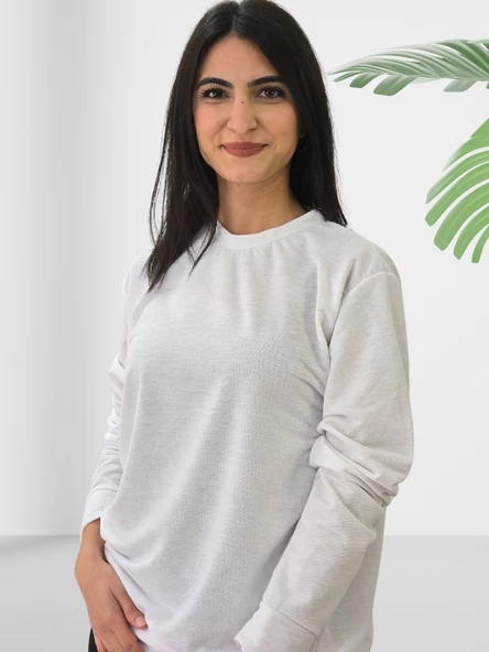 Düz Sıfır Yaka İnce Sweatshirt (Beyaz) - Resim 3