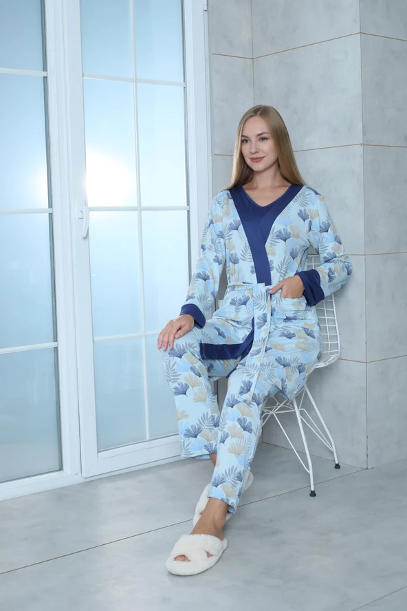 Limissi Viskon Desenli Mavi Pijama Takımı %100 Pamuk - 6