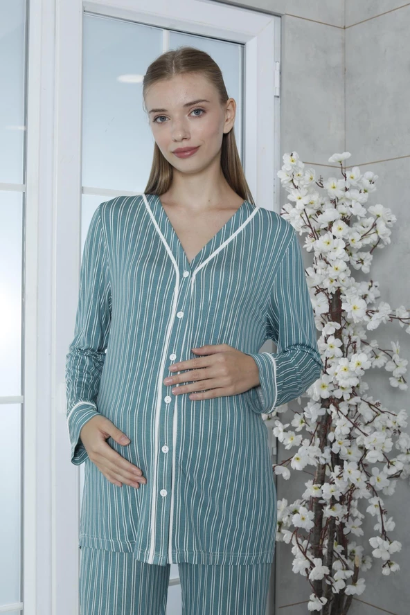 Limissi Viskon Çizgili Yeşil Pijama Takımı %100 Pamuk - Resim 4