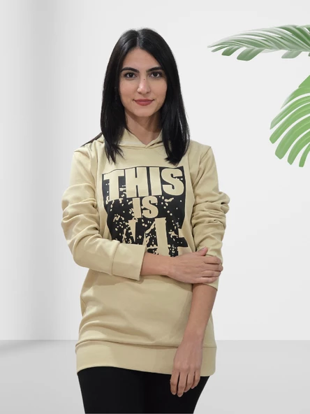 Baskılı Kapüşonlu Swaetshirt (Krem) - Resim 2