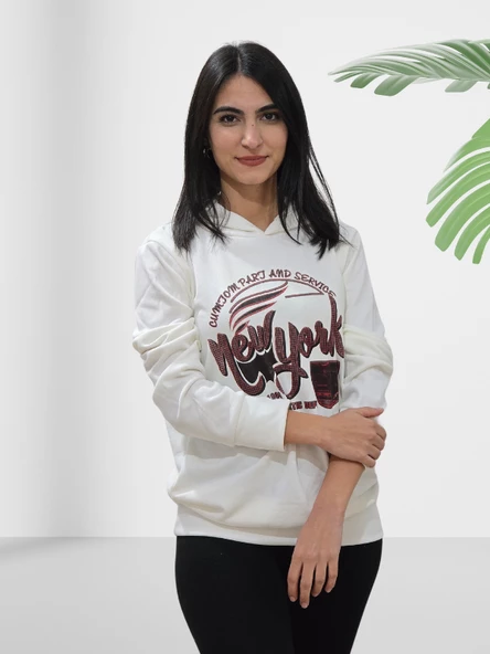New York Kapüşonlu Swaetshirt (Beyaz-Kırmızı) - Resim 2
