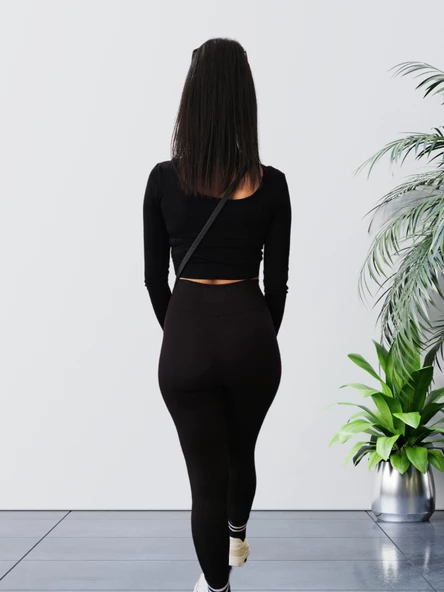 Yüksek Bel Toparlayıcı ve Sıkılaştırıcı Likralı Fitilli Şardonlu Tayt (Siyah) - 5