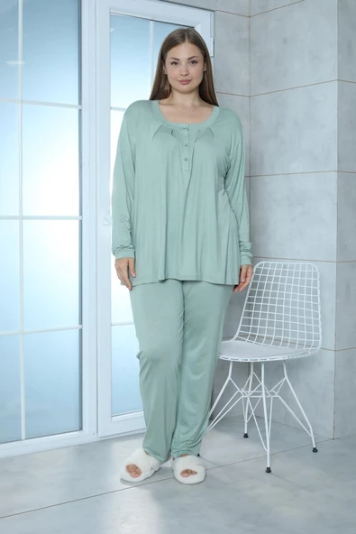 Limissi Viskon Büyük Beden Yeşil Pijama Takımı %100 Pamuk - Resim 5
