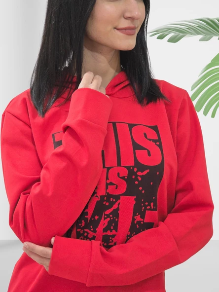 Baskılı Kapüşonlu Swaetshirt (Kırmızı) - Resim 3