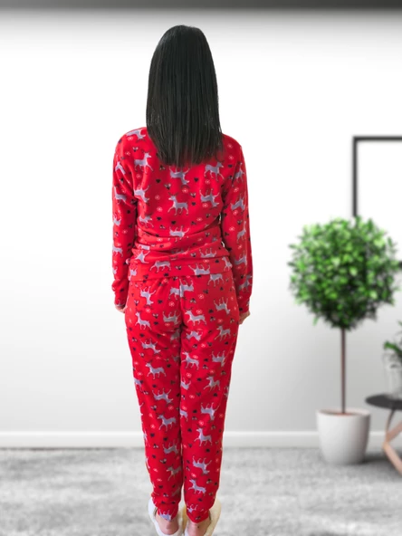 Baskılı Kadın Polar Peluş Yeni Yıl Pijama Takımı (Geyik) - 7