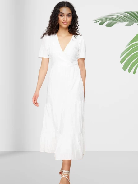 V Yaka Kloş Düz Beyaz Elbise - Resim 2