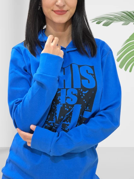 Baskılı Kapüşonlu Swaetshirt (Mavi) - Resim 3