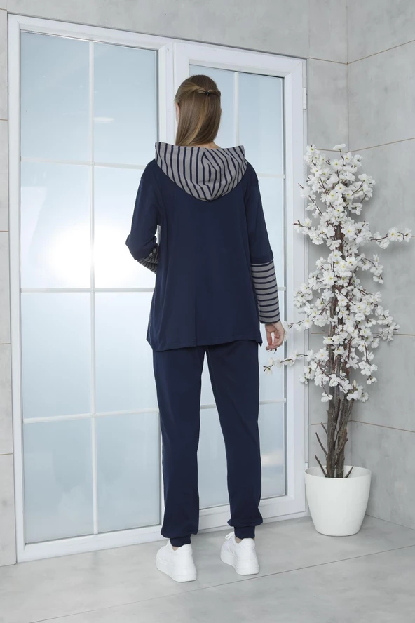 Limissi Viskon Lacivert Kapişonlu Eşofman Takımı %100 Pamuk - Resim 2