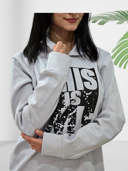 Baskılı Kapüşonlu Swaetshirt (Gri) - Resim 4