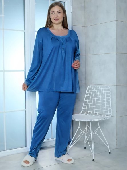 Limissi Viskon Büyük Beden Mavi Pijama Takımı %100 Pamuk - Resim 2