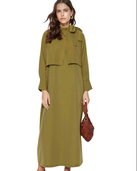 Dökümlü Şal Yaka Uzun Yeşil Elbise ürün görseli