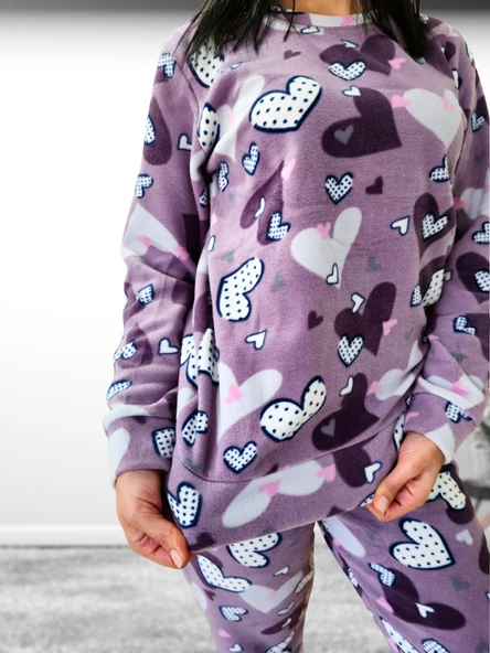 Kalp Desenli Kadın Polar Peluş Pijama Takımı (Mor) - 7