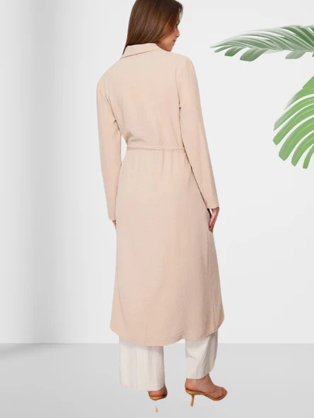 Düz Esnek Keten Karışım Kimono - Resim 3