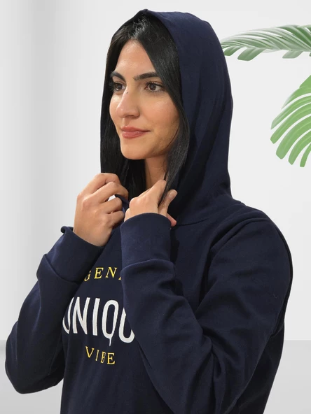 Unique Baskılı Kapüşonlu Swaetshirt (Lacivert) - Resim 4