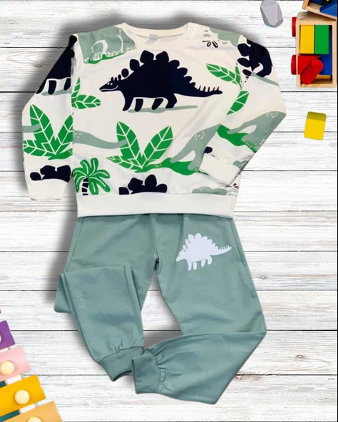 Dinozor Baskılı Günlük Mevsimlik Renkli Erkek Alt Üst Takım (Yeşil) - Resim 2