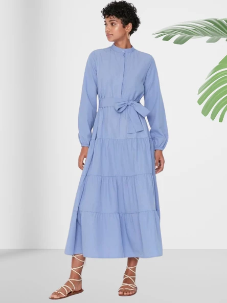 Dökümlü Sıfır Yaka Mavi Kloş Elbise - Resim 2