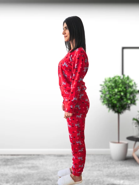 Baskılı Kadın Polar Peluş Yeni Yıl Pijama Takımı (Geyik) - 6