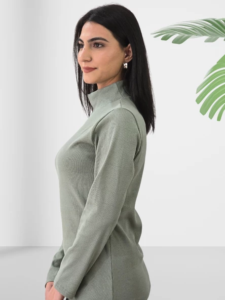 Boğazlı Düz Swaetshirt (Yeşil) - Resim 3