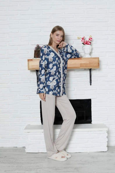 Limissi Viskon Desenli Lacivert Pijama Takımı %100 Pamuk - 7
