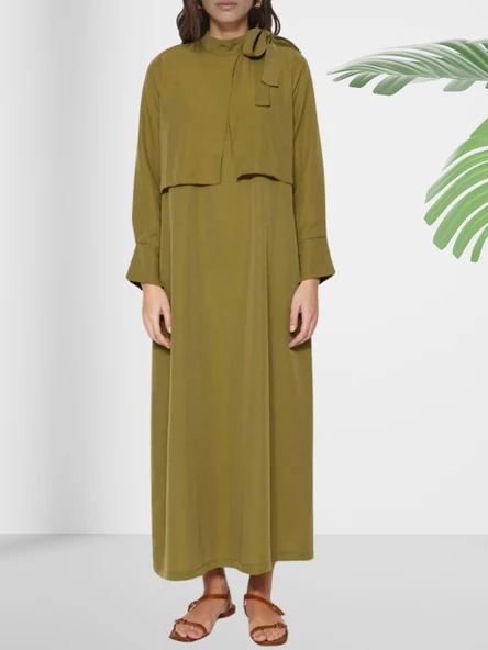 Dökümlü Şal Yaka Uzun Yeşil Elbise - 3