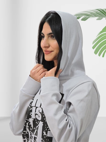 Baskılı Kapüşonlu Swaetshirt (Gri) - Resim 3