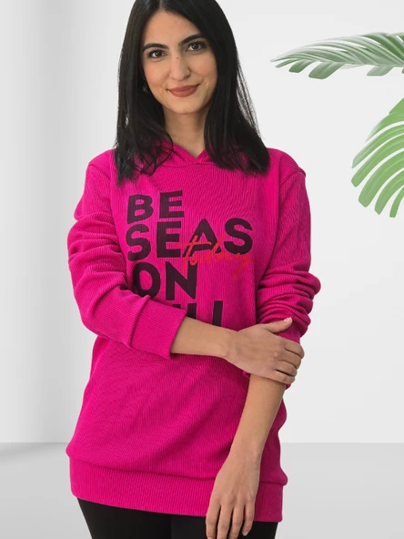 Be Season Baskılı Kapüşonlu Swaetshirt (Fuşya) - Resim 3