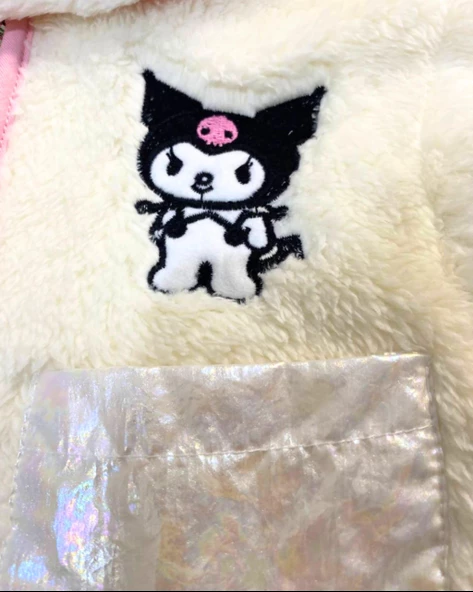 Fermuarlı Kapüşonlu Peluş Polar Baskılı Kız Çocuk Mont (Beyaz) - 5
