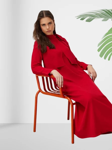 Dökümlü Şal Yaka Uzun Kırmızı Elbise - Resim 5