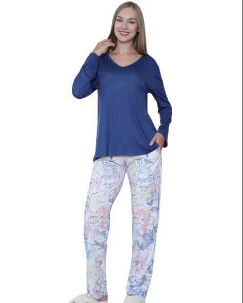 Limissi Viskon Desenli Lacivert Pijama Takımı %100 Pamuk