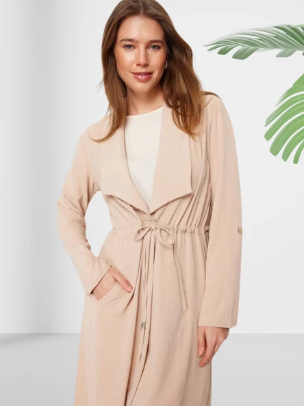 Düz Esnek Keten Karışım Kimono - Resim 4