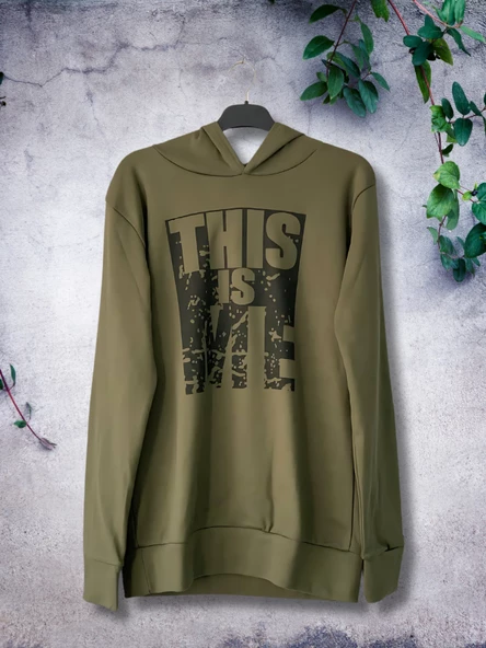 Baskılı Kapüşonlu Swaetshirt (Haki) - Resim 5