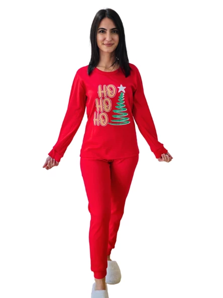 Baskılı Pamuk Kadın Yeni Yıl Pijama Takımı (Ho Ho Ho))