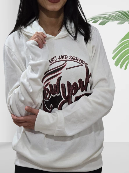 New York Kapüşonlu Swaetshirt (Beyaz-Kırmızı) - Resim 3